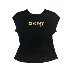 DKNY Jeans Y2K Black Tee with Gold Stud Rhinestone Accents
